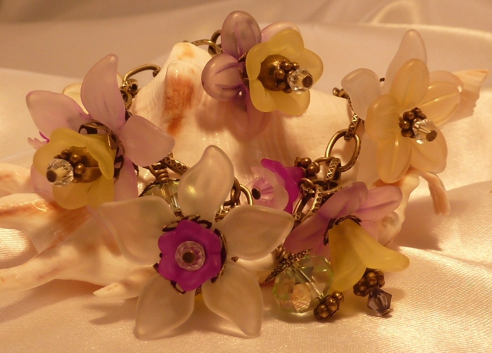 Lucite Flower Bracelet, Garden Flower Charm Bracelet & Earrings, Purple, Yellow, Antique Brass, Swarovski Crystal